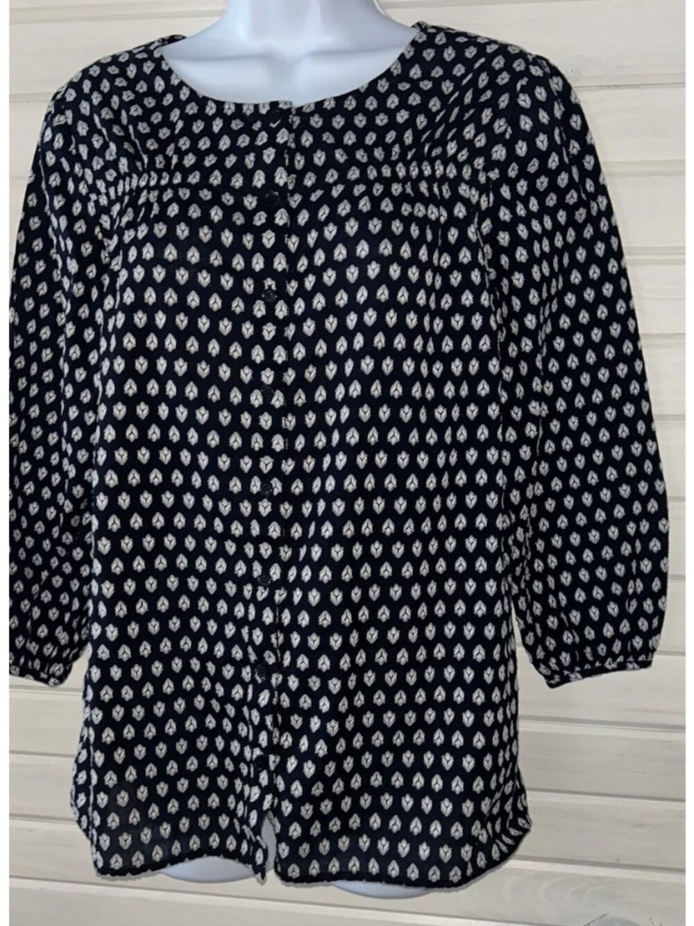 Talbots Sz XS Navy Blue White 100% Cotton Button Shirt Embroidered EUC
